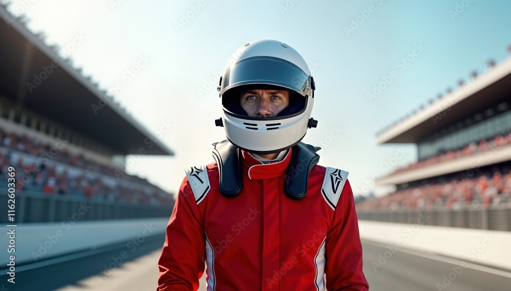 Obraz premium Racer stands confidently on race track. Spectators fill grandstands. Focus on pro sportsman attire. Sportsman in competitive red suit, protective gear. Serious expression. Daytime scene. Concept race