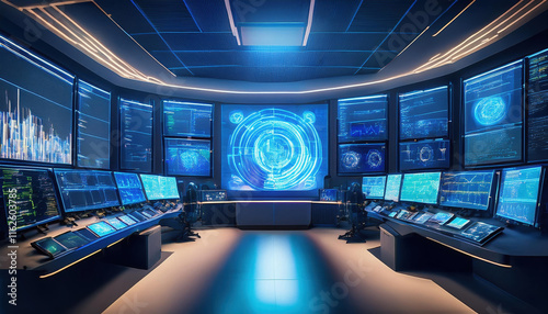 Wallpaper Mural futuristic control room with multiple screens displaying data visualizations and predictive models, creating immersive tech environment Torontodigital.ca