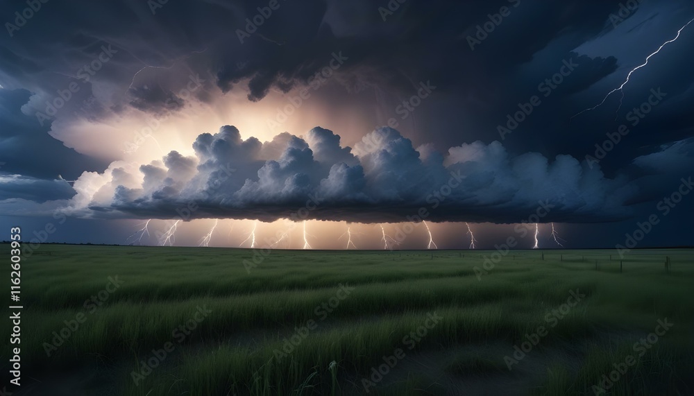 Fototapeta premium Una espectacular tormenta supercélula con nubes arremolinadas e intensos relámpagos sobre un campo de hierba