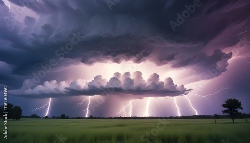 Una espectacular tormenta supercélula con nubes arremolinadas e intensos relámpagos sobre un campo de hierba photo