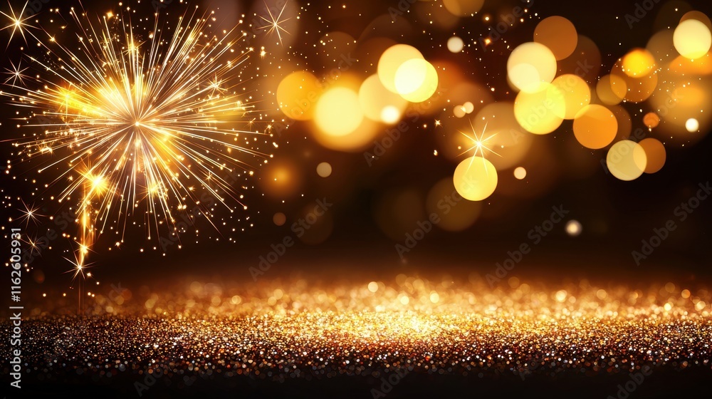 Obraz premium Bright Fireworks Over Sparkling Golden Bokeh Background at Night