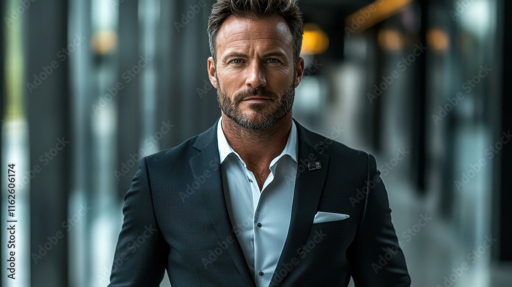 Professional business portraits businessman in a sleek black suit stands in a modern office lobby his expression focused and determined symbolizing ambition and drive in the corporate world Professional business portraits businessman in a sleek black suit stands in a modern office lobby his expression focused and determined symbolizing ambition and drive in the corporate world