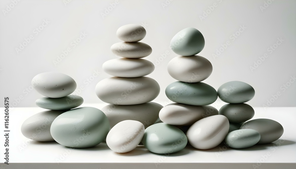 Una pila de piedras blancas y lisas en equilibrio sobre una superficie blanca sobre un fondo liso Una pila de piedras blancas y lisas en equilibrio sobre una superficie blanca sobre un fondo liso