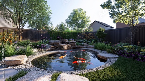 Serene backyard koi pond with waterfall, lush landscaping, and stone accents.