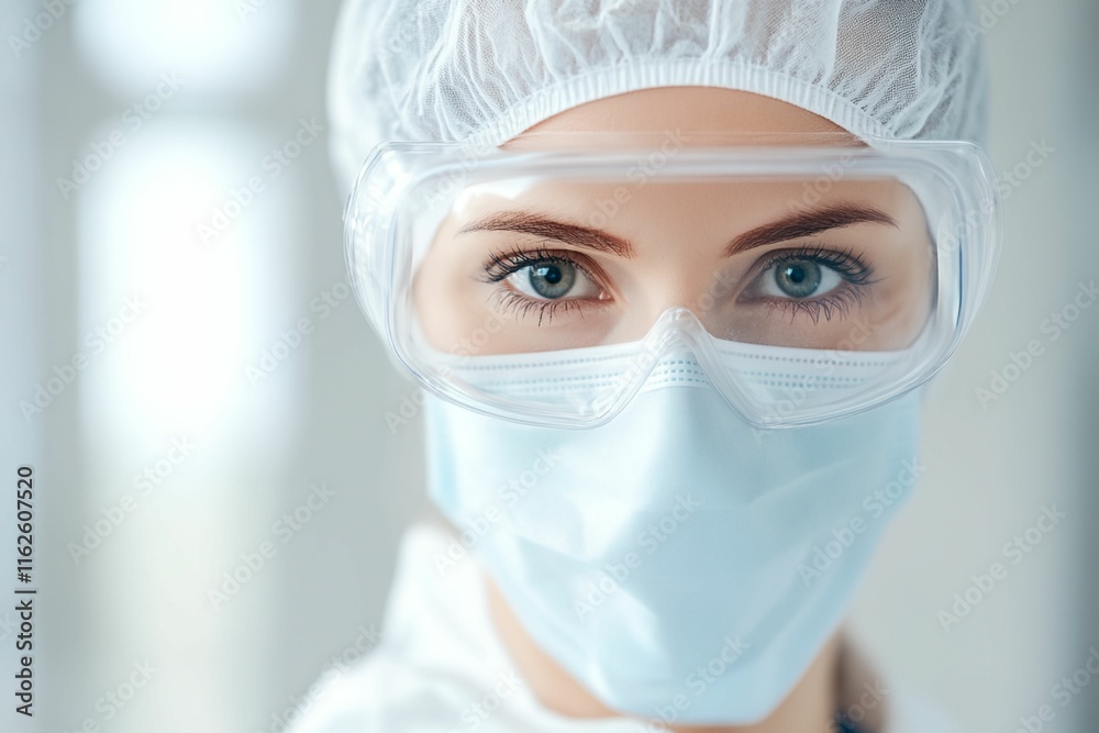 Woman wearing a white lab coat and a face mask. She is wearing a pair of goggles Woman wearing a white lab coat and a face mask. She is wearing a pair of goggles