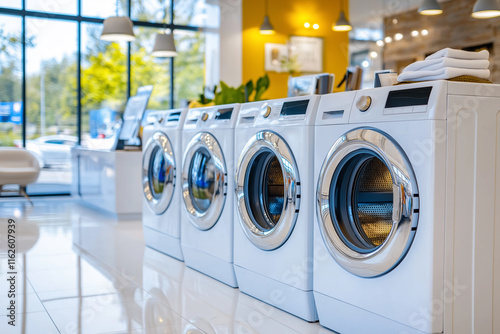 Row of modern washing machines in a brightly lit appliance showroom with large windows and contemporary decor, showcasing household technology and innovation.