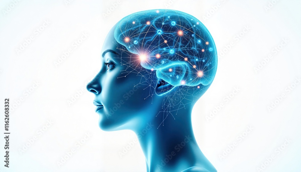 Obraz premium Blue human head with glowing brain connections on white background
