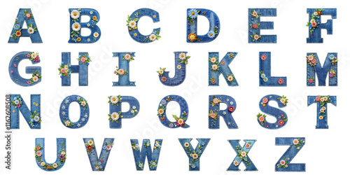 Stylish Floral Embellished Denim Letters – Complete Alphabet Vector, A-Z Vector Illustration, Denim Texture