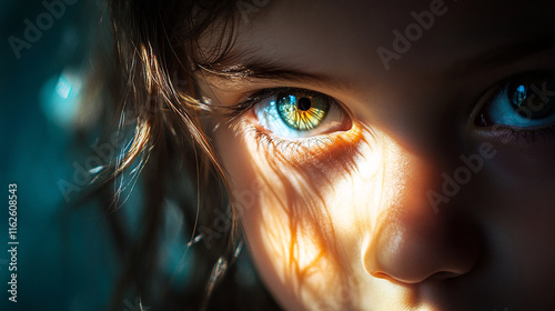 Close-up of a child's eye catching sunlight at dusk highlighting vibrant colors and textures photo