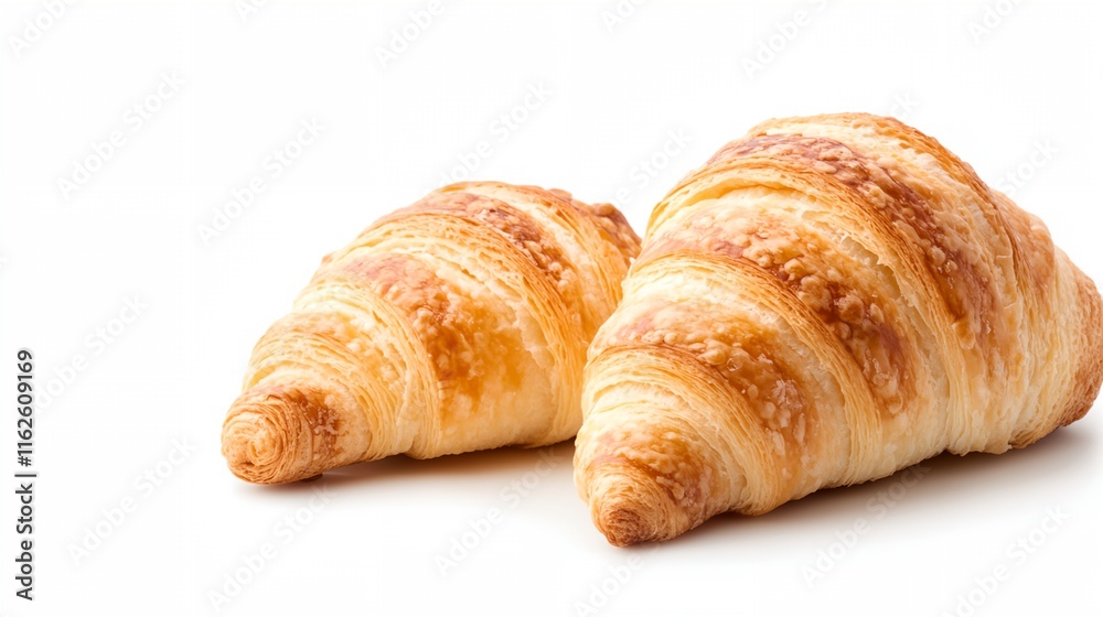 Two croissants are on a white background. They are golden brown and have a crispy texture Two croissants are on a white background. They are golden brown and have a crispy texture