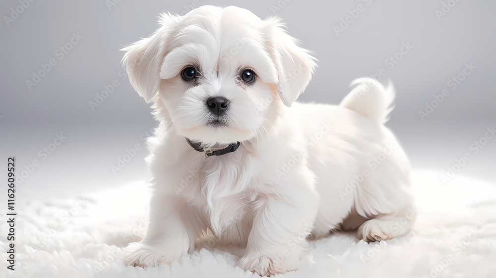 White Maltese puppy posing for a photo on the white carpet White Maltese puppy posing for a photo on the white carpet