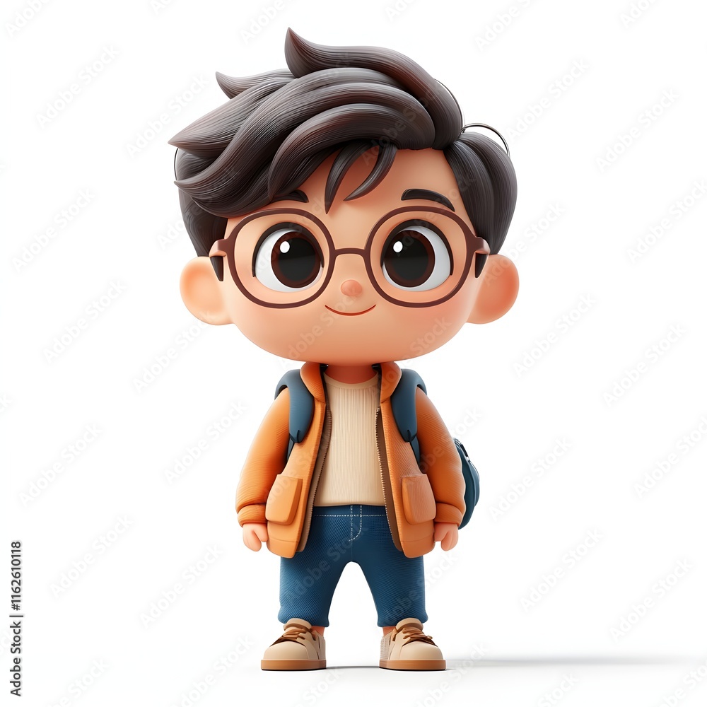 A charming 3D rendered image of a cute boy, all set for school. He's wearing a stylish outfit and carries a backpack. Adorable 3D Actor Character A charming 3D rendered image of a cute boy, all set for school. He's wearing a stylish outfit and carries a backpack. Adorable 3D Actor Character