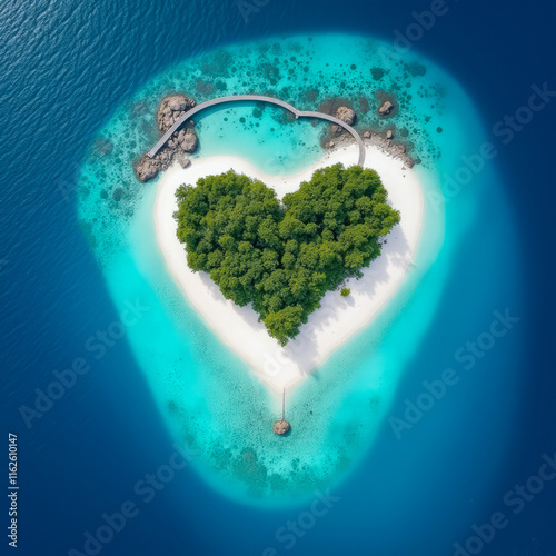 An Aerial Shot of a Secluded Heart-Shaped Island in the Maldives with Crystal Clear Waters Surrounding It