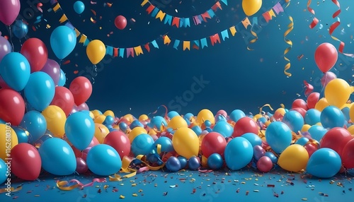 Decoraciones y suministros coloridos para fiestas sobre un fondo azul, incluidos globos, serpentinas, confeti y otros artículos festivos
