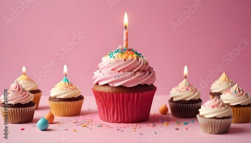 Un pastelito rosa con una vela encendida sobre un fondo rosa, rodeado de otros pastelitos photo