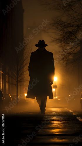 Classic Noir-Esque Scene Featuring a Trench-Coated Detective Examining Evidence in a Dark Cityscape photo