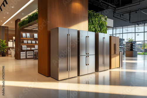  appliance showroom featuring a variety of sleek refrigerators in stainless steel and metallic finishes, with elegant interior design and natural light accents.