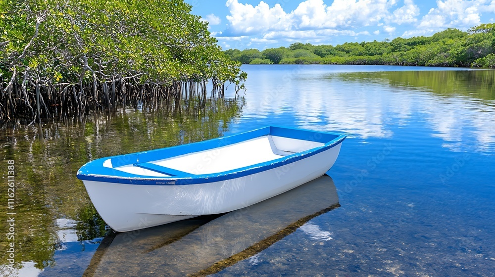 Calm Water Small Boat Mangrove Trees Sunny Day Tropical Paradise Calm Water Small Boat Mangrove Trees Sunny Day Tropical Paradise