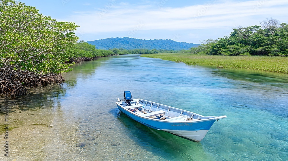 Serene River Scene Small Boat in Tropical Mangrove Estuary Serene River Scene Small Boat in Tropical Mangrove Estuary