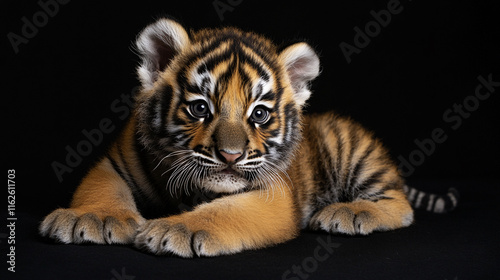 Striking portrait of a young tiger cub resting on a dark surface