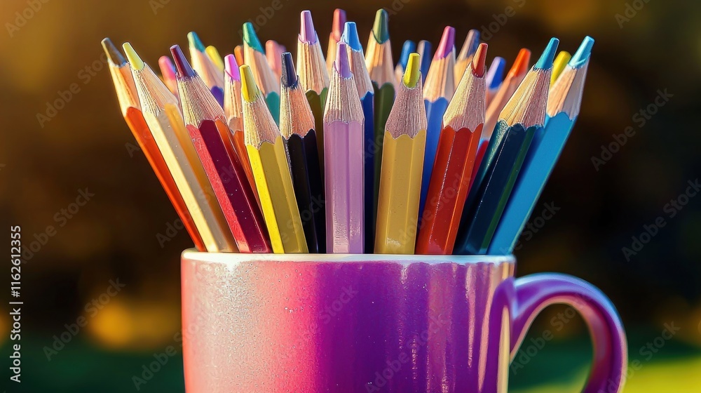 A colorful array of pencils in a vibrant mug.