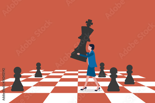 Business woman bring chess king to play game. concept of business strategy and win competition