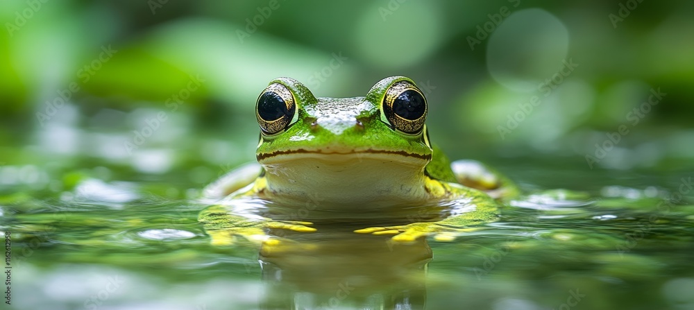 Green tree frog swim on water. Wildlife animal. Generative AI technology.
Green tree frog swim on water. Wildlife animal. Generative AI technology.