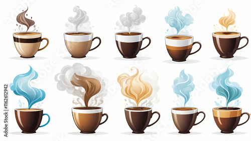 Set of vector illustration of a coffee cup with steam rising isolating on white background