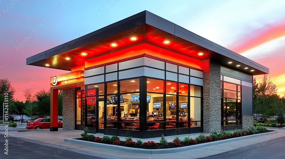 Front view of a fast-food restaurant franchise Front view of a fast-food restaurant franchise