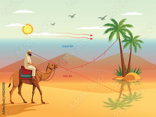 Illustration of Mirage Human on Camel Observing Illusion of Water in the Desert