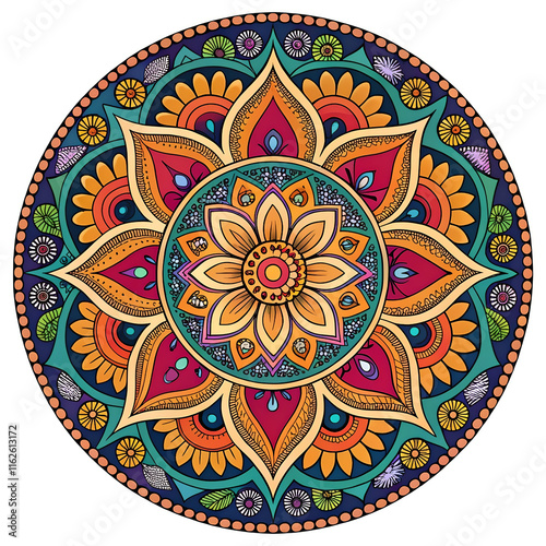 vibrant mandala design intricate colorful patterns; various geometric shapes