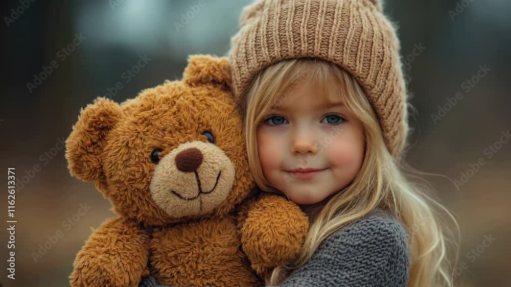 Girl Smiling with Teddy Bear in Natural Outdoor Scene Footage Girl Smiling with Teddy Bear in Natural Outdoor Scene Footage