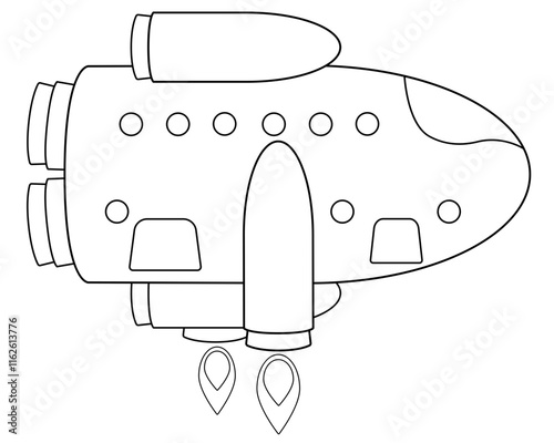 Spaceship lands horizontally - vector linear picture for coloring. Outline. Rocket for space research, tourism and cargo delivery. A ship for interplanetary travel.	