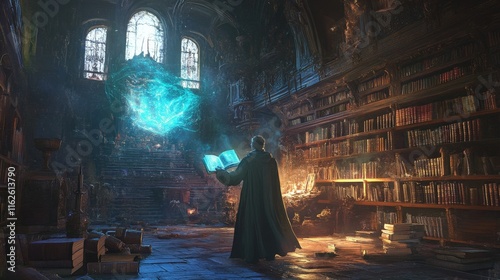 Mystical wizard reading ancient spellbook in enchanted library fantasy realm digital art dimly lit imagination