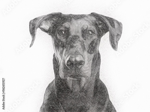 An AI-generated image of a Dobermann redrawn as a black-and-white pencil drawing photo