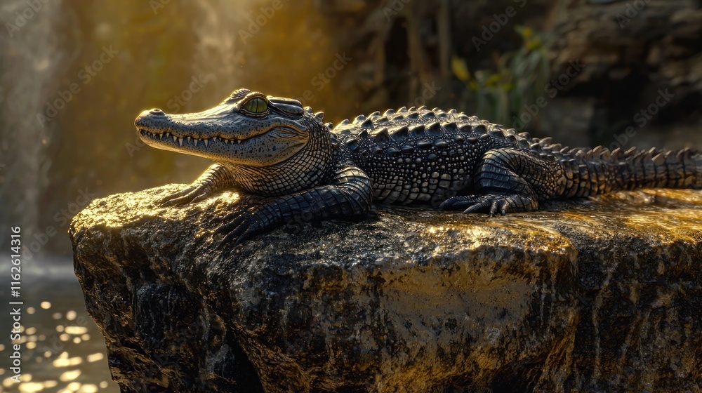 Obraz premium Young Crocodile Resting On A Rock Near Water