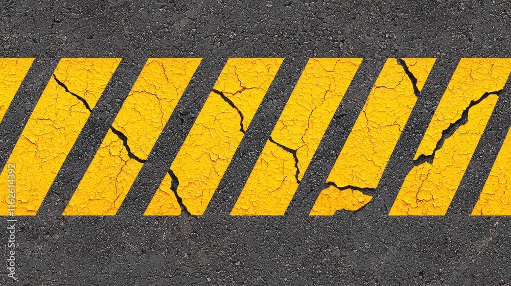 Fototapeta premium Cracked Yellow Caution Lines on Weathered Asphalt Surface