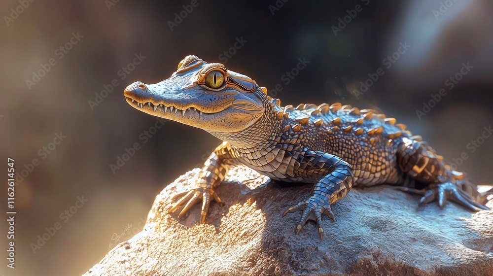 Young Crocodile Basking On A Rock In Sunlight