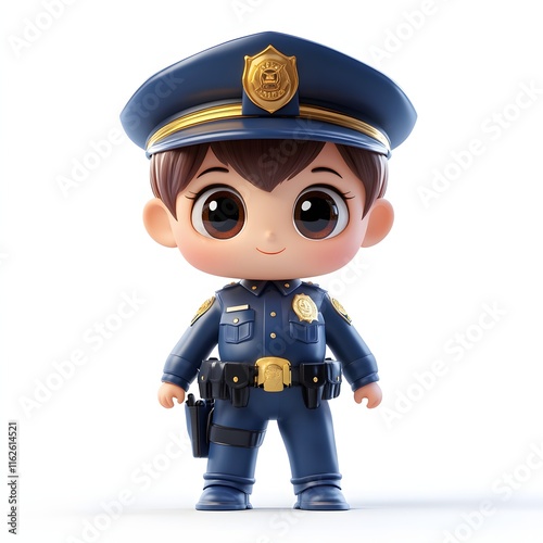 A charming 3D-rendered image of a cute little police officer. The character exudes friendliness and bravery. Adorable 3D Police Character