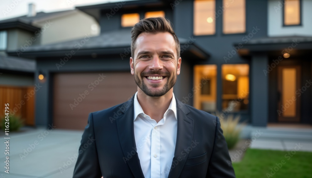 Confident male real estate agent stands outdoors in front of modern home. Wears business suit, smiles. Pro, successful looking. Ready to discuss property purchase sale. Modern house, good lifestyle Confident male real estate agent stands outdoors in front of modern home. Wears business suit, smiles. Pro, successful looking. Ready to discuss property purchase sale. Modern house, good lifestyle