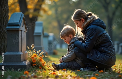 Caucasian mother, child visit grave. Sitting in front of tombstone in cemetery. Flowers placed on grave. Family memorial. Mourning relative. Autumn day. Sad moment. Remembrance, grief. Lost loved one.