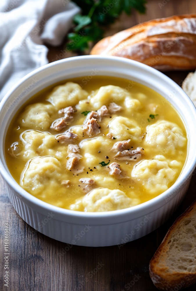Delicious Homemade Chicken and Dumplings Soup in Bowl Delicious Homemade Chicken and Dumplings Soup in Bowl