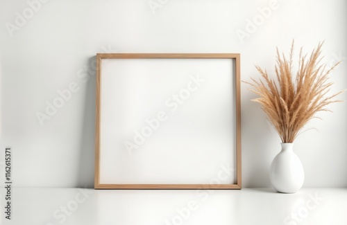 Empty wooden picture frame on a white wall. Minimalist decor. Place for artwork or photo. A vase with pampas grass is beside the frame. Modern home interior. Perfect for art display.