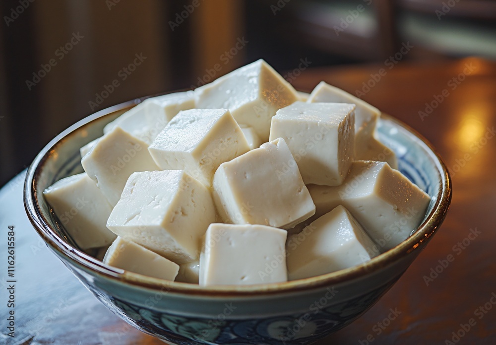 Close-up of Fresh Tofu Cubes in Bowl, Asian Cuisine, Vegan Food Close-up of Fresh Tofu Cubes in Bowl, Asian Cuisine, Vegan Food