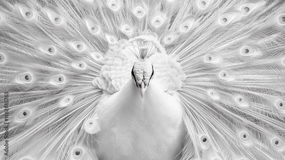 Obraz premium White peacock displaying feathers in a serene setting during daylight