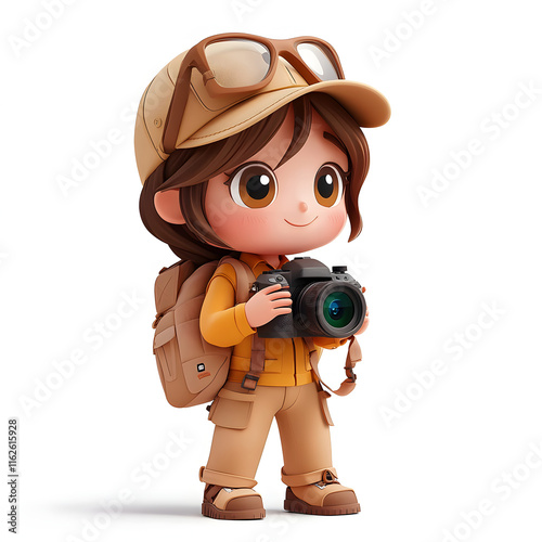 A charming 3D-rendered cartoon of a cute little girl holding a camera, ready for an adventure. She wears a stylish jacket and bag. Adorable 3D Wild life Photographer Character