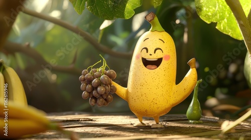 Happy Banana Character Holding Grapes In Garden photo