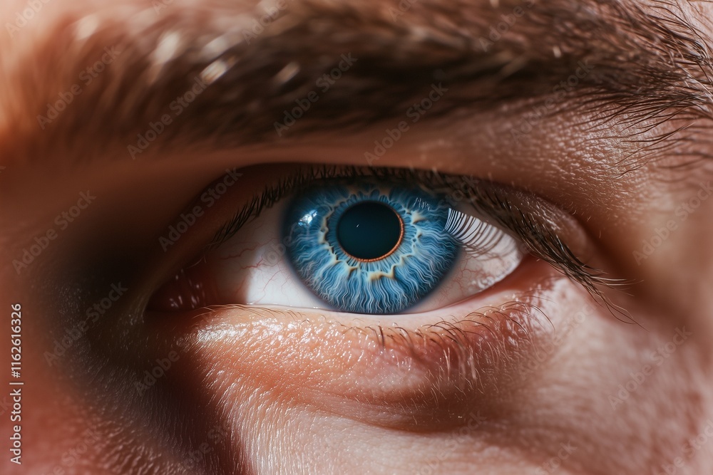 Fototapeta premium Detailed close-up of a mana??s vivid sky-blue eye, with sharp reflections and fine detailing within the iris, captured in