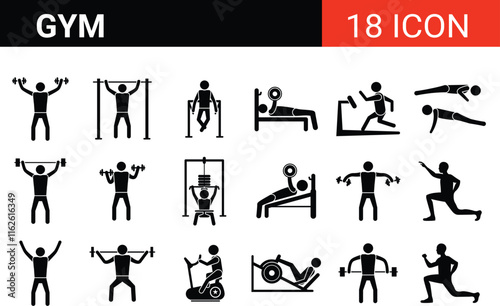 Set of 18 outline icons related to gym. Linear Gym icon collection. Editable stroke. Vector illustration