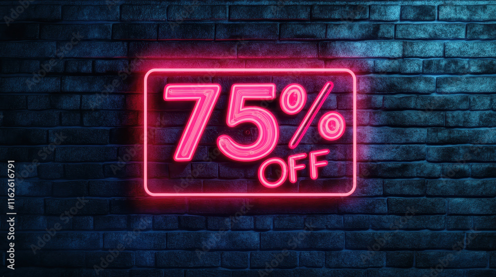 Obraz premium Bright neon sign displaying 75% off on dark brick wall background